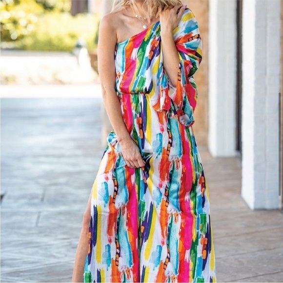 Judith March silky one shoulder colorful maxi dress with side slit, EUC! - Picture 5 of 10